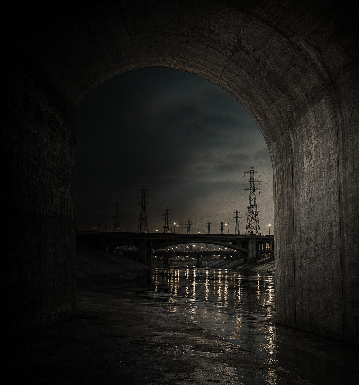 Lone figure in a concrete tunnel facing the Los Angeles river at night